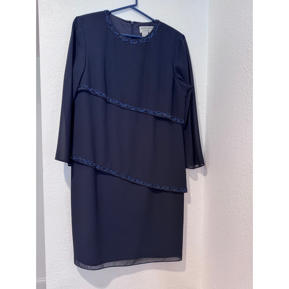 Adrianna Papell Evening 12 Navy Beaded Shift Dress Mother Bride 3/4 Sleeve